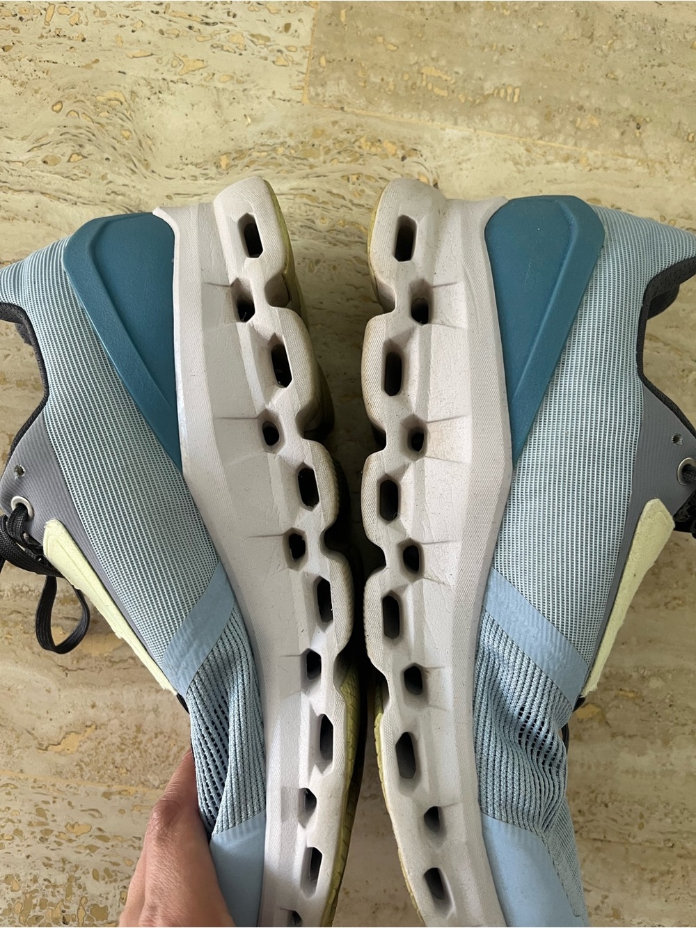 On Cloud Women's Cloudtech Sneakers in Light Gray, Blue, Yellow Accents - Picture 3 of 5
